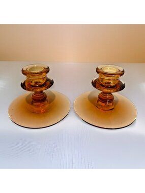 Fostoria Candlestick Holder Royal Amber Depression Glass Round Taper Set of 2